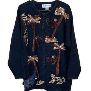Vtg VICTORIA HARBOUR Women‎ Cardigan Sweater 1X Black Sequin Beaded Embroidered